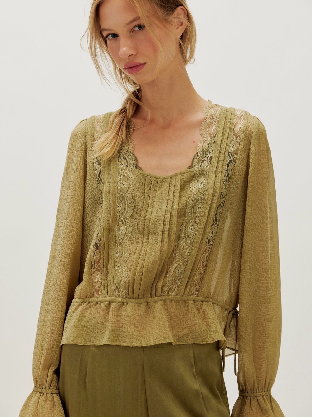 Free People Python Green Lace-Trim Chiffon Peplum Blouse